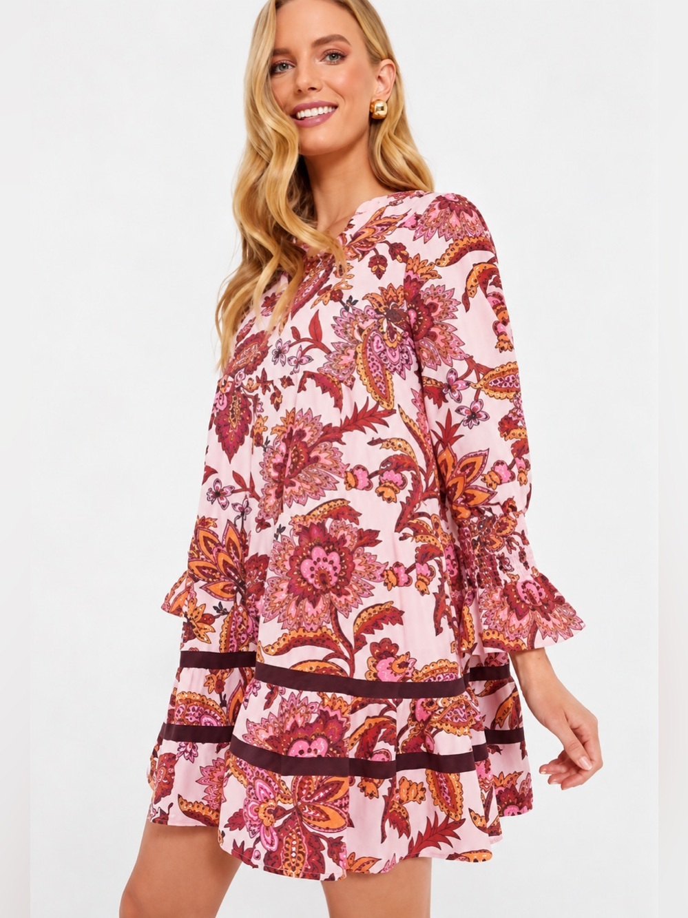 Tuckernuck Pink Floral Cotton Tiered Mini Dress Long Sleeve Size S NWT